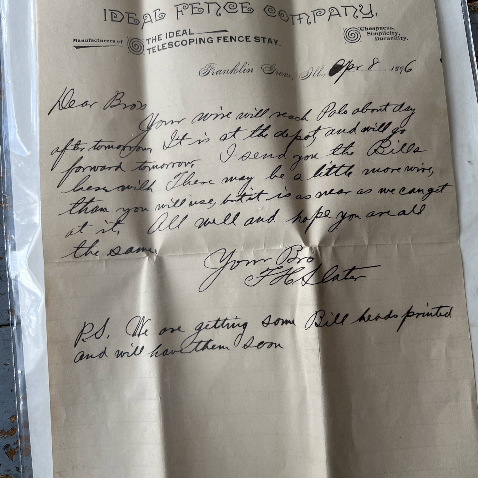 1896 Ideal Fence Company Franklin Grove, IL Letterhead Ephemera Farm Agriculture