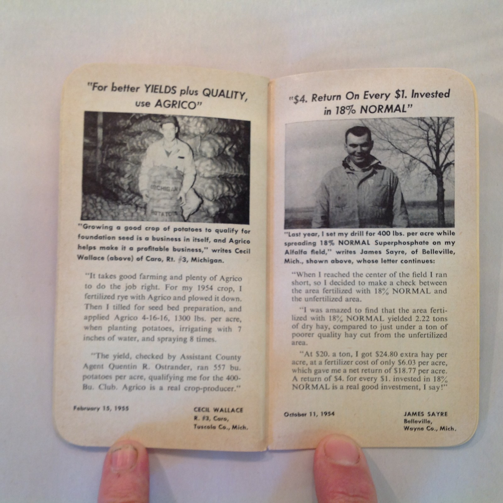 Vintage 1954 Agrico Fertilizer Memo Book Advert Michigan Farmer Testimonials MI