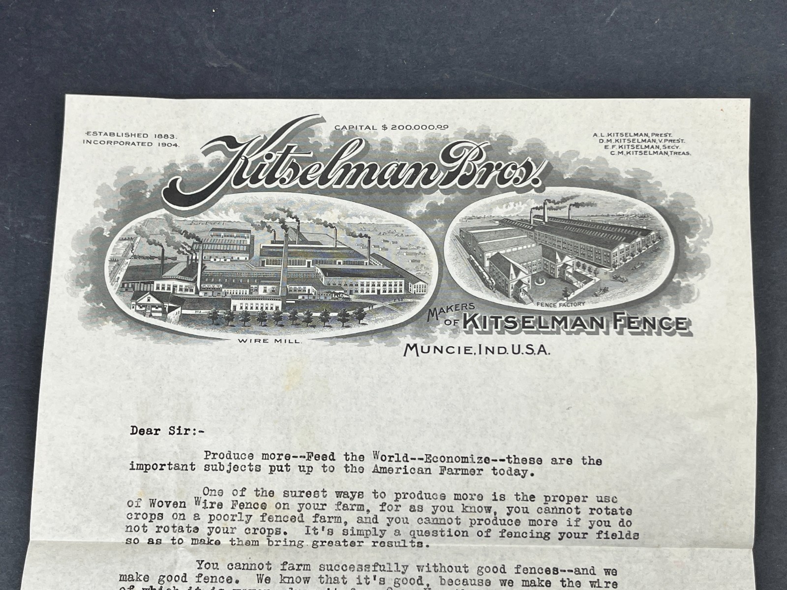 1918 Kitselman Brothers Fence Wire Mill Muncie Indiana IN Letterhead Letter +
