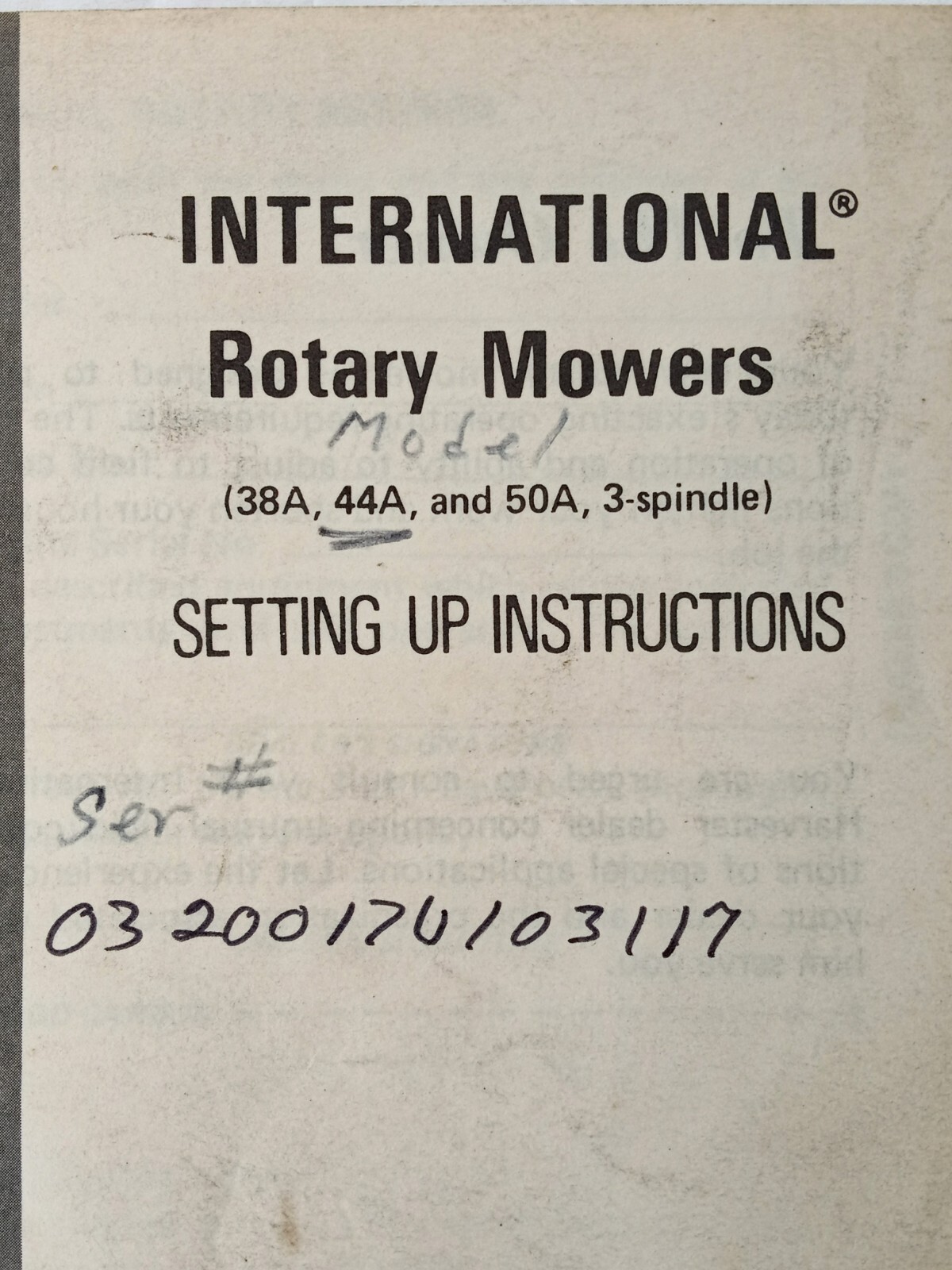 International Harvester Rotary Mowers 38A 44A 50A 3 Spindle Operator&rsquo;s Manual