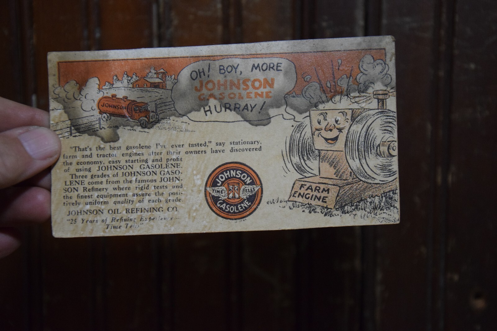 JOHNSON TIME TELLS GASOLINE FARM ENGINE TRACTOR GRAIN MILL DISPLAY SIGN FARMING
