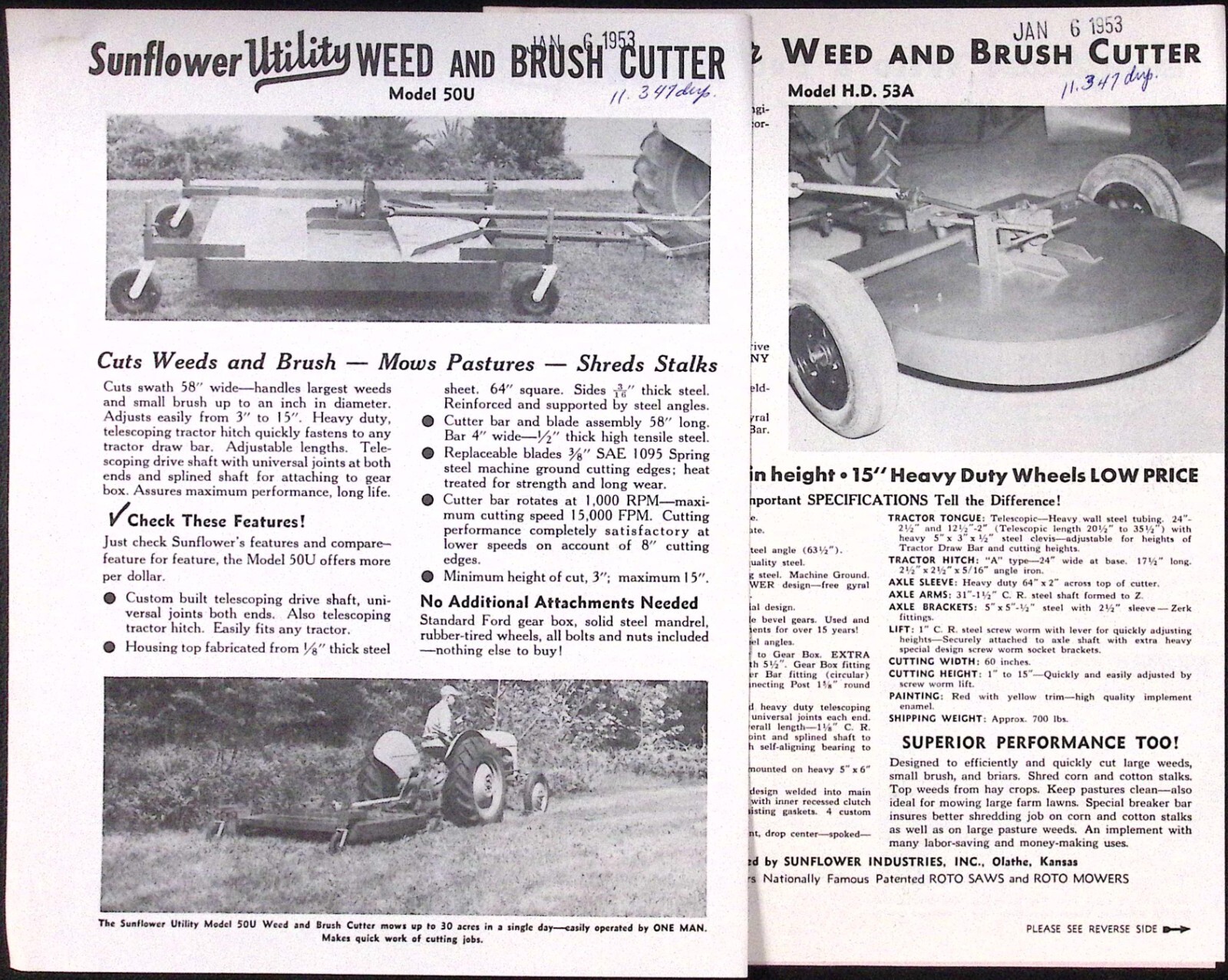 1953 Sunflower Utility Weed & Brush Cutter Model 50U Sunflower Industries Olathe