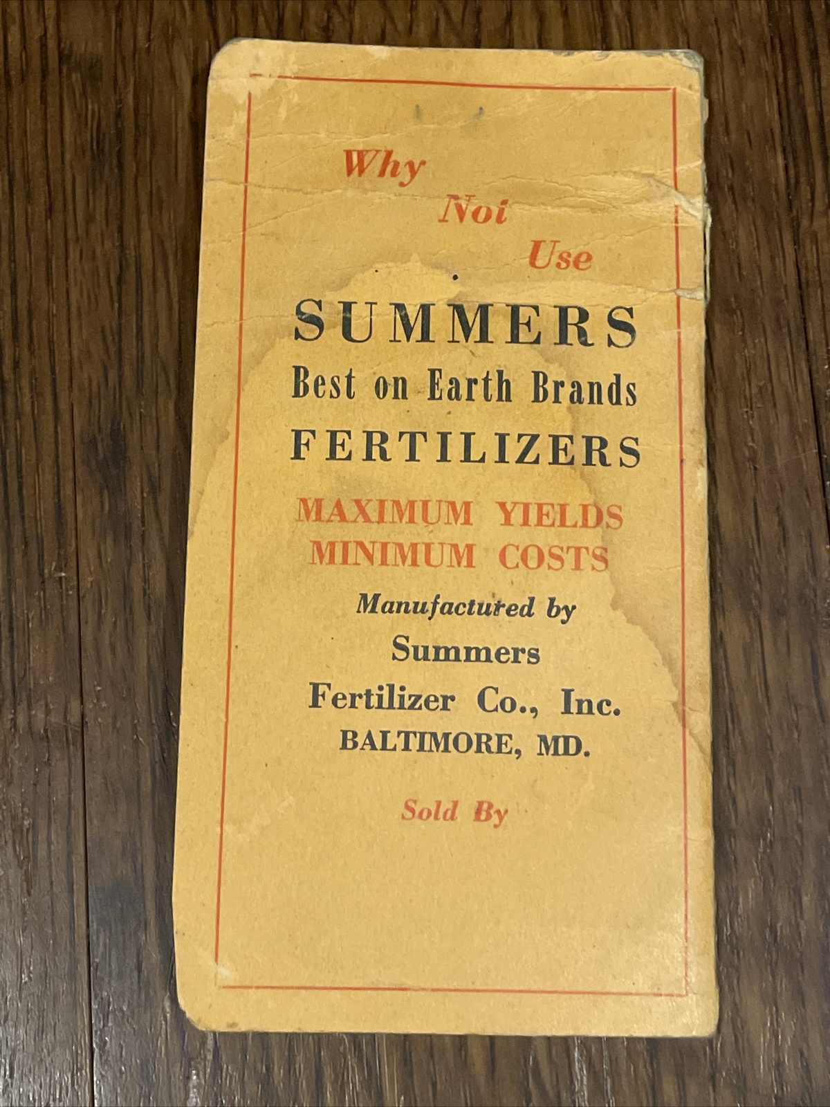 Vintage 1940 Summers Fertilizer Co. Memo Book Notebook Baltimore Md