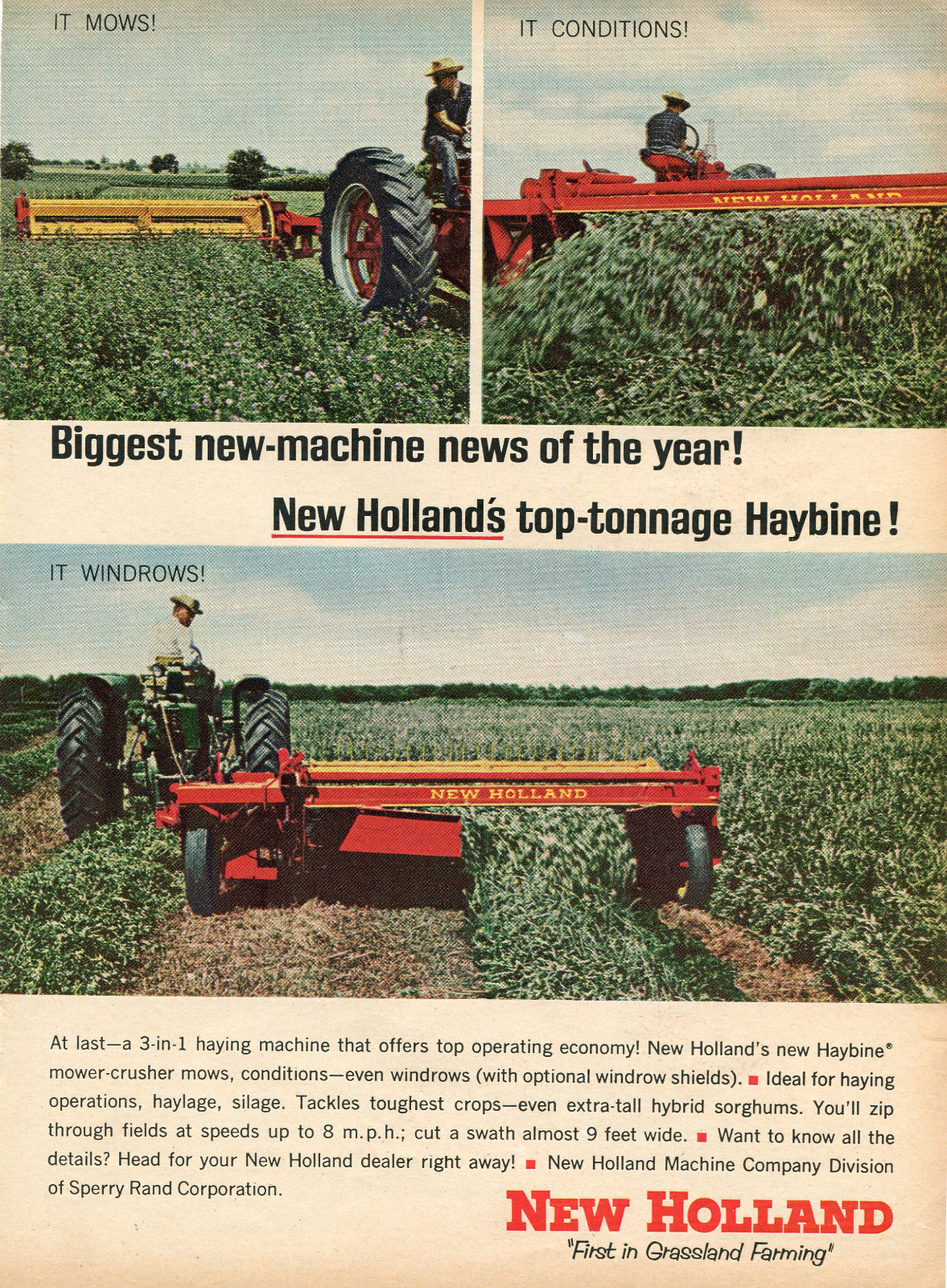 1965 Print Ad of Sperry Rand New Holland Tractor Haybine