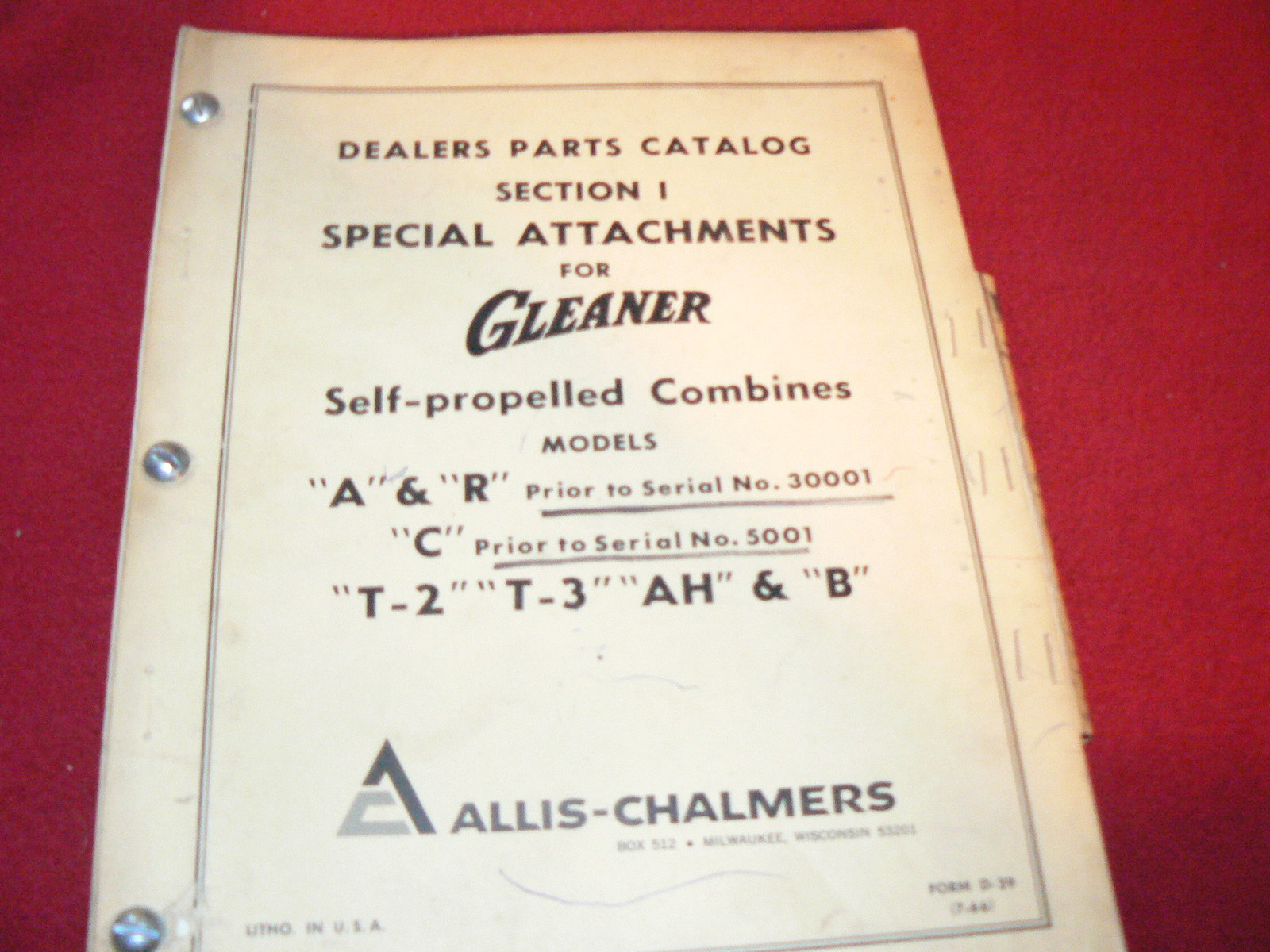 Allis Chalmers A R C T2 T3 AH B Gleaner Combine Special Atta Dealer&rsquo;s Parts Book