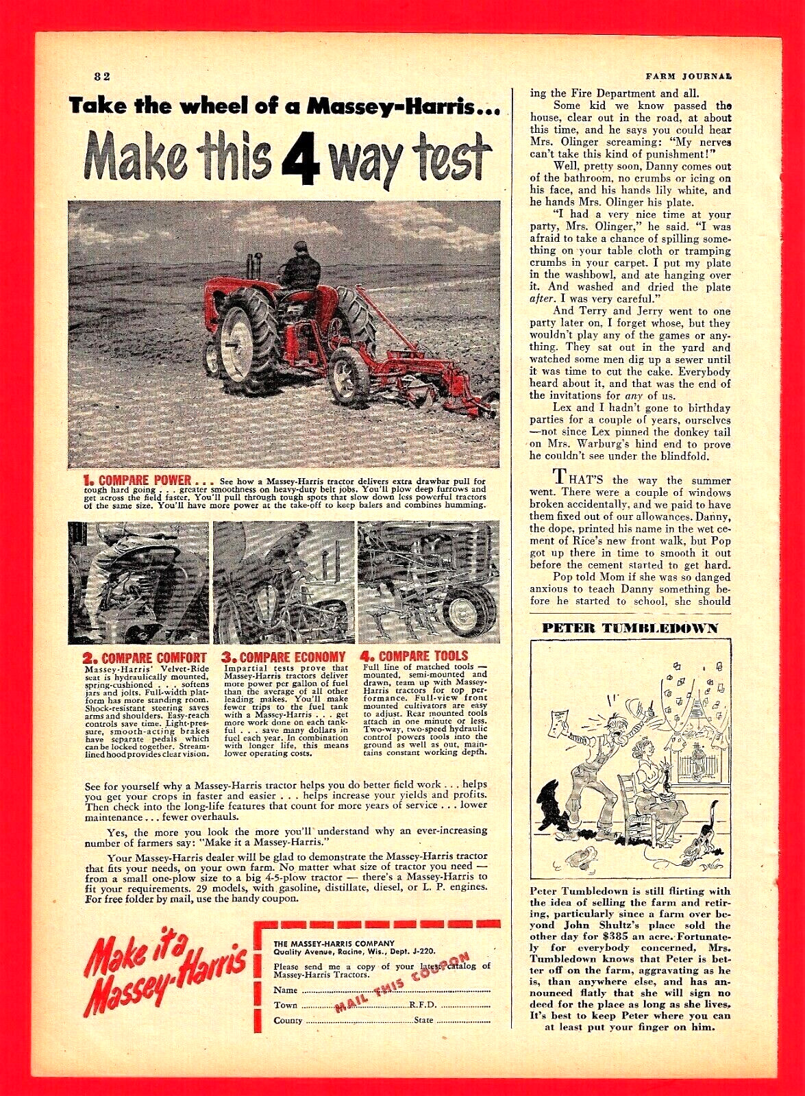 1952 MASSEY-HARRIS FARM TRACTOR AD ~ RACINE, WISC.