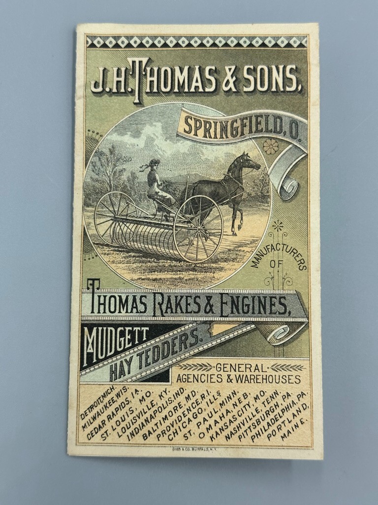 1880s JH THOMAS FARM Machinery ENGINES Advertise Fold Trade Card SPRINGFIELD OH