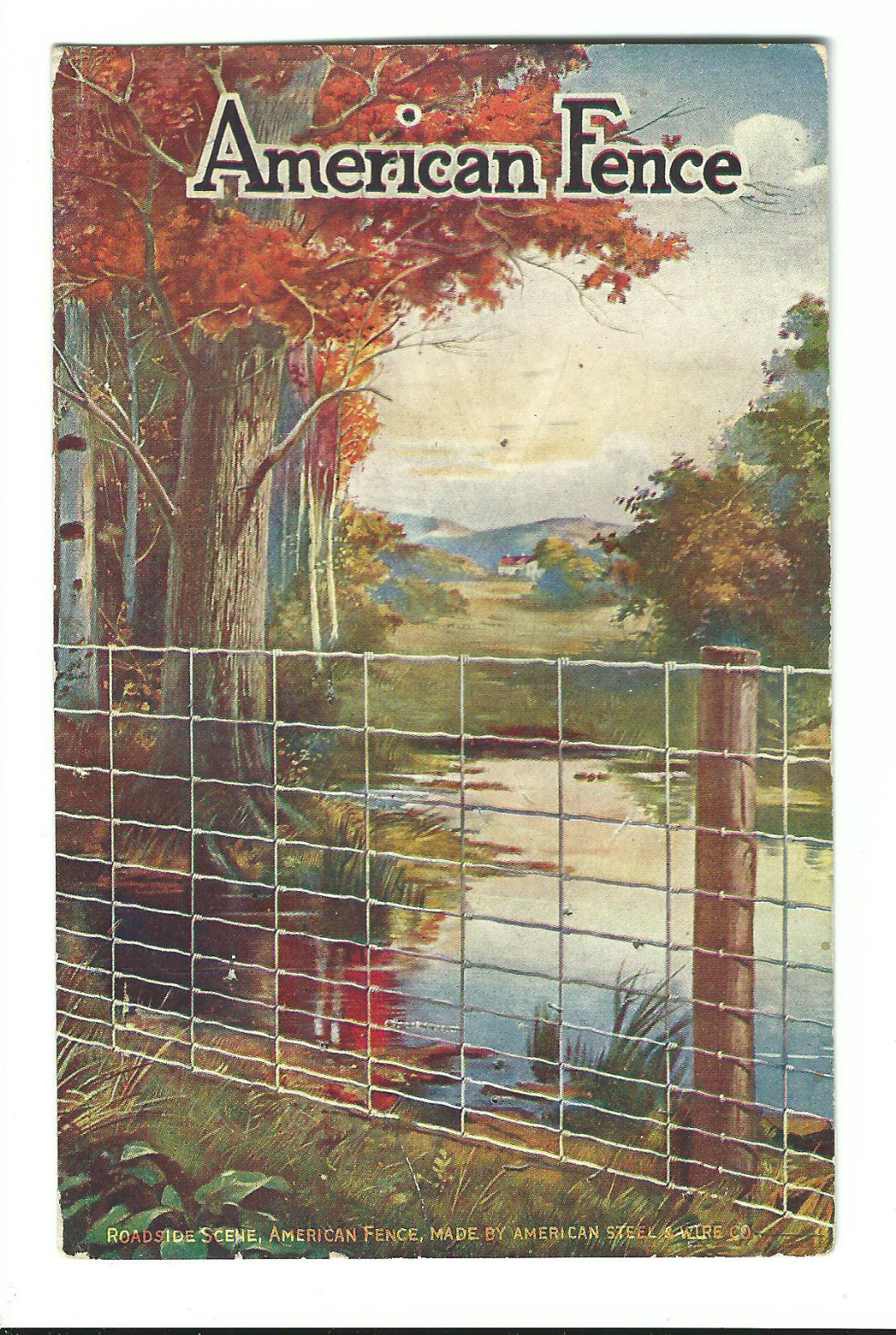 Old Advertising Postcard American Fence American Steel Wire Fall Roadside Scene