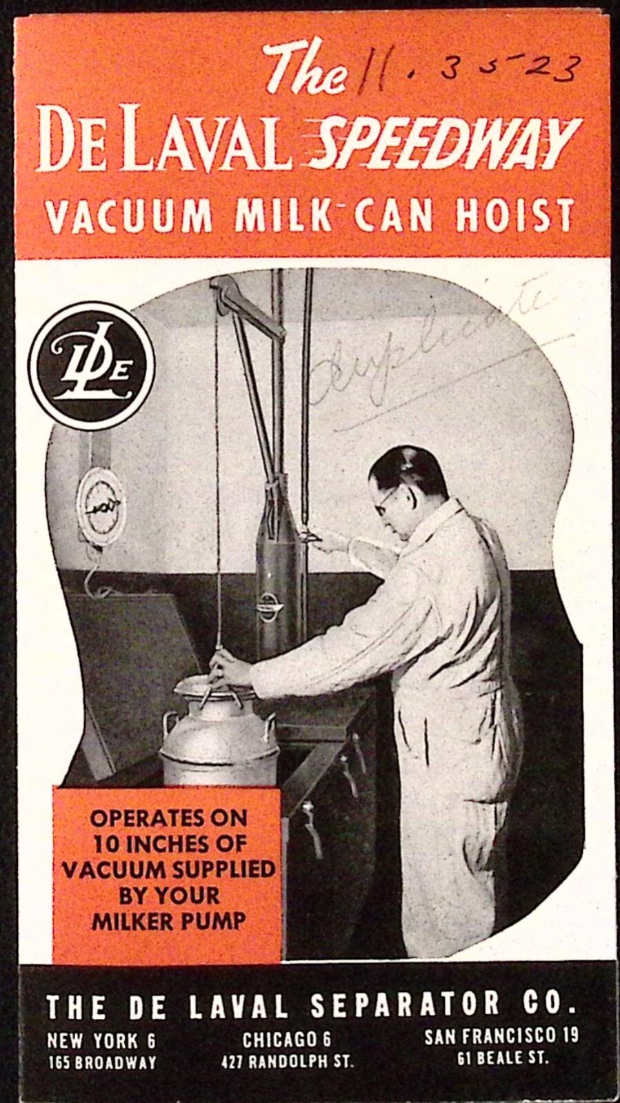 1950s DeLaval Speedway Vacuum Mil Can Hoist DeLaval Separator Co Brochure