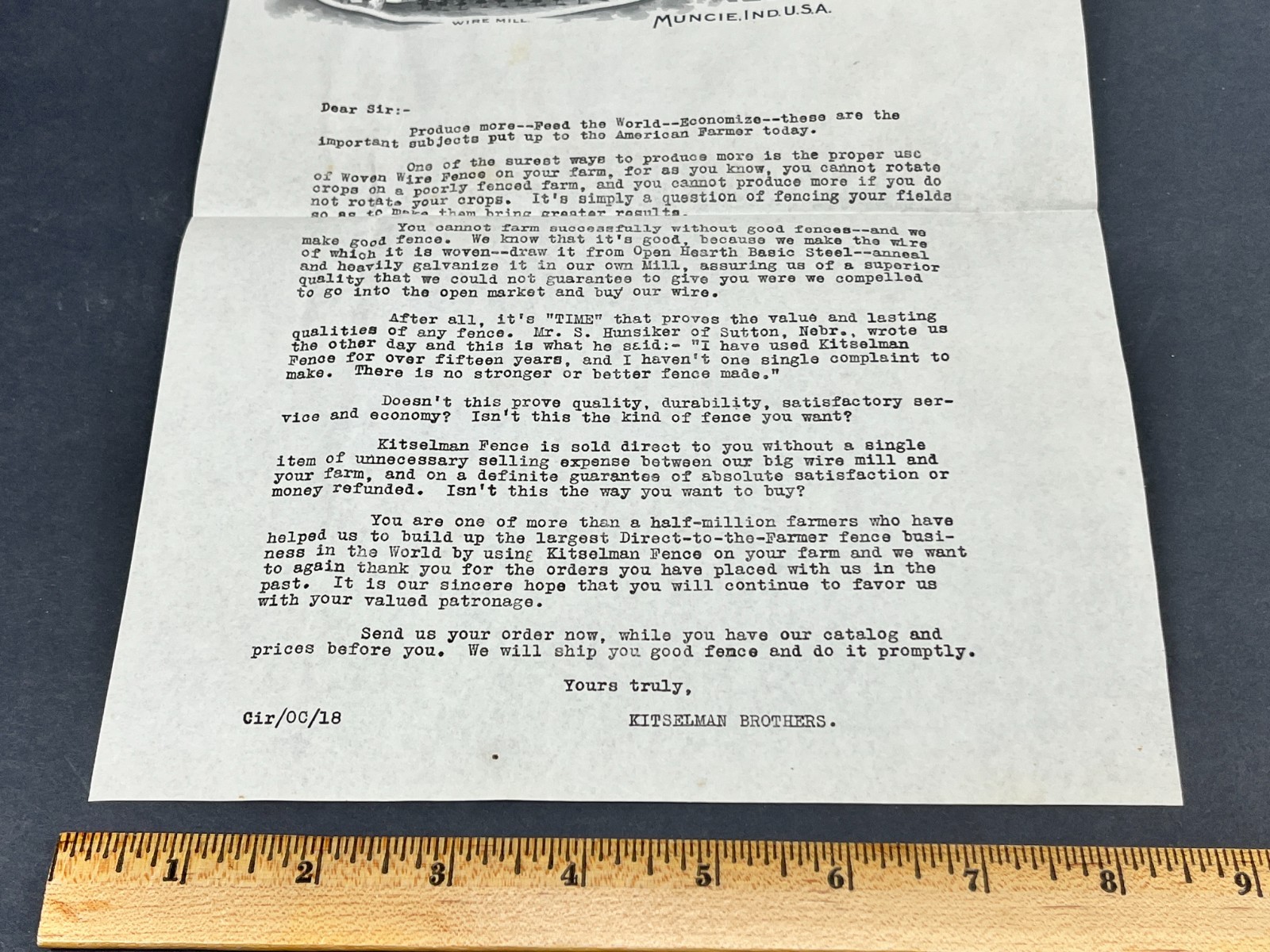 1918 Kitselman Brothers Fence Wire Mill Muncie Indiana IN Letterhead Letter +