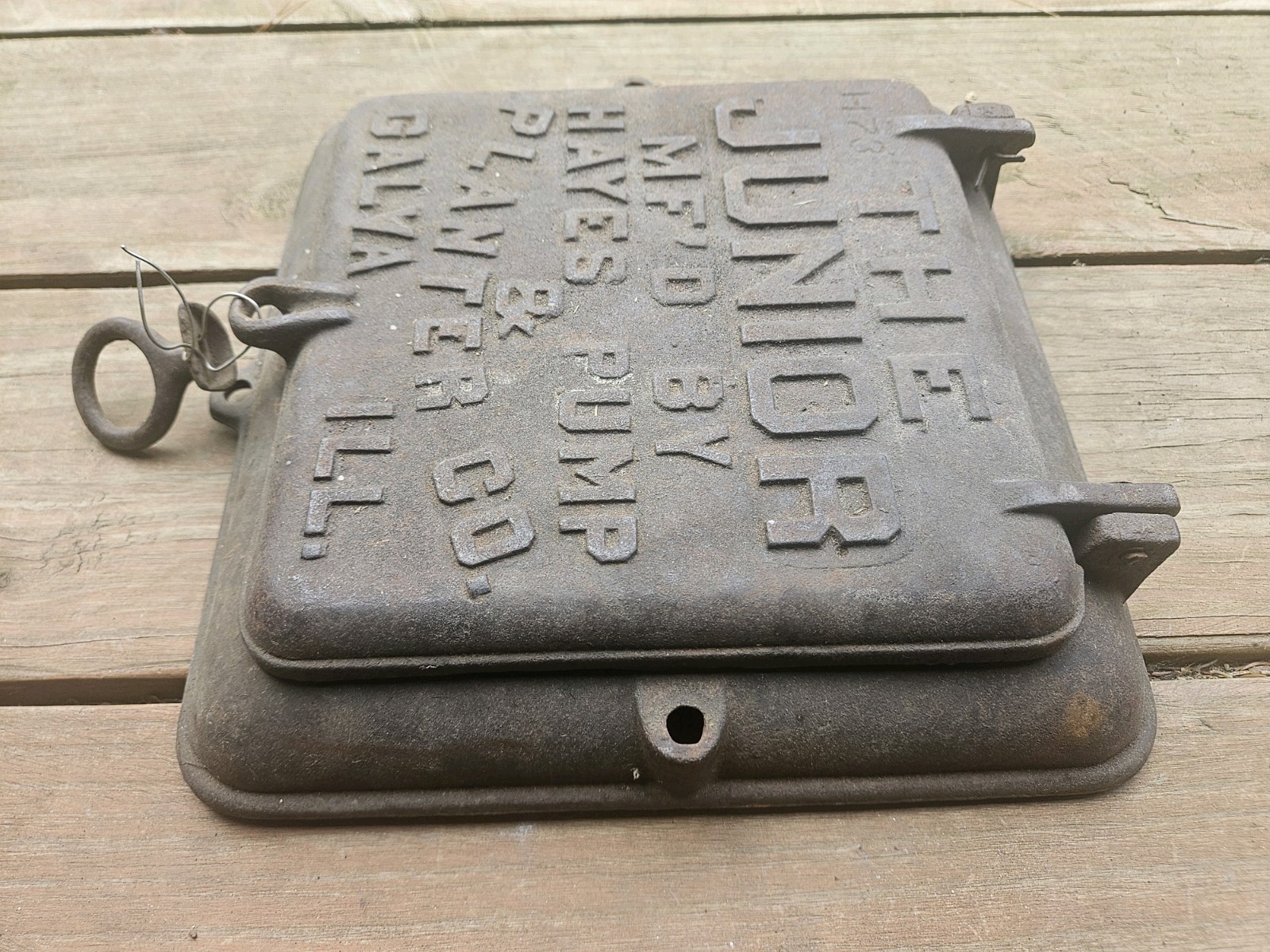 The Junior Hayes Pump Planter Cast Iron Lid for Corn Box Galva Illinois Vintage