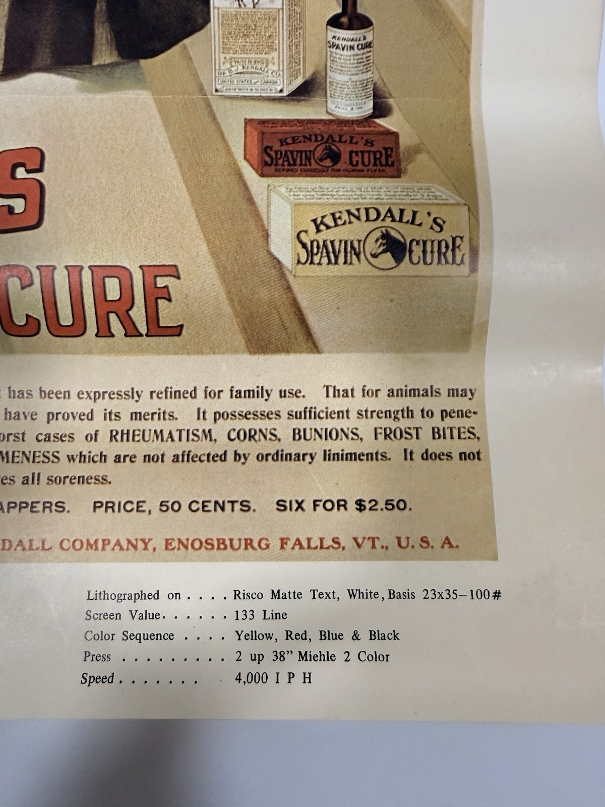 Vintage Kendall’s Spavin Cure Horse Advertising Poster Vermont Lithograph