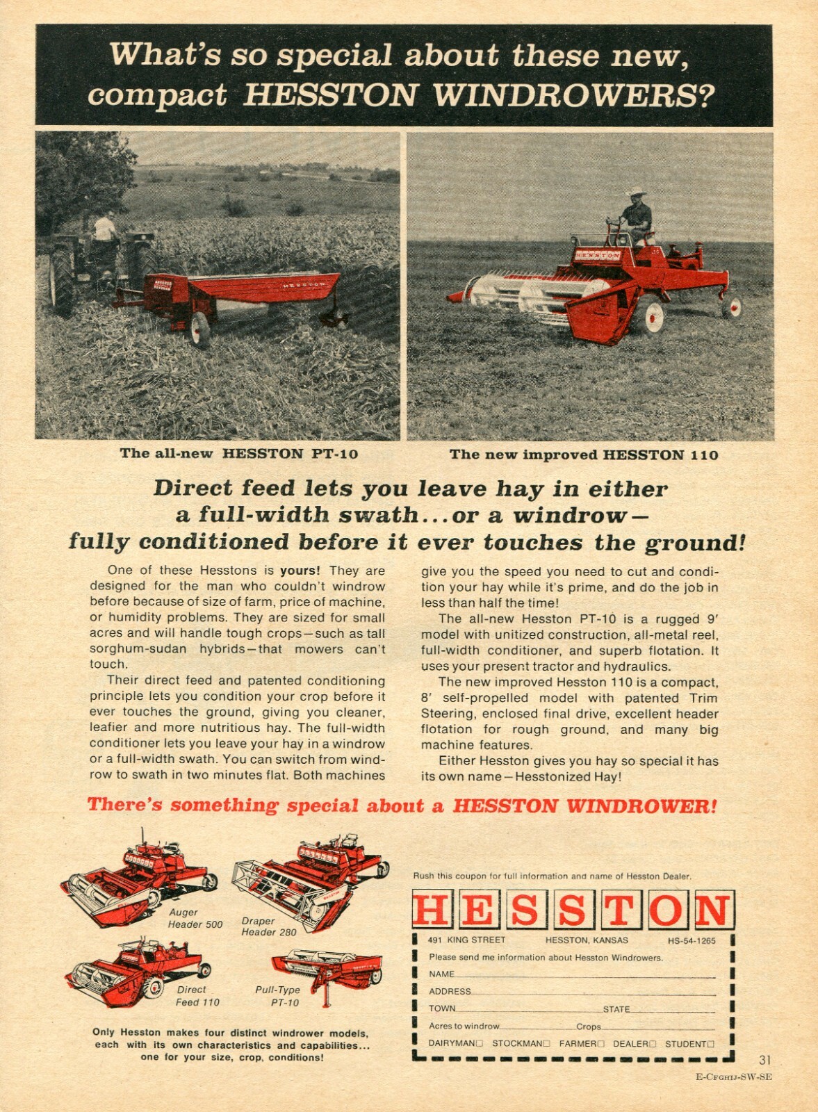 1966 Print Ad of Hesston PT-10 110 280 500 Windrower Tractor
