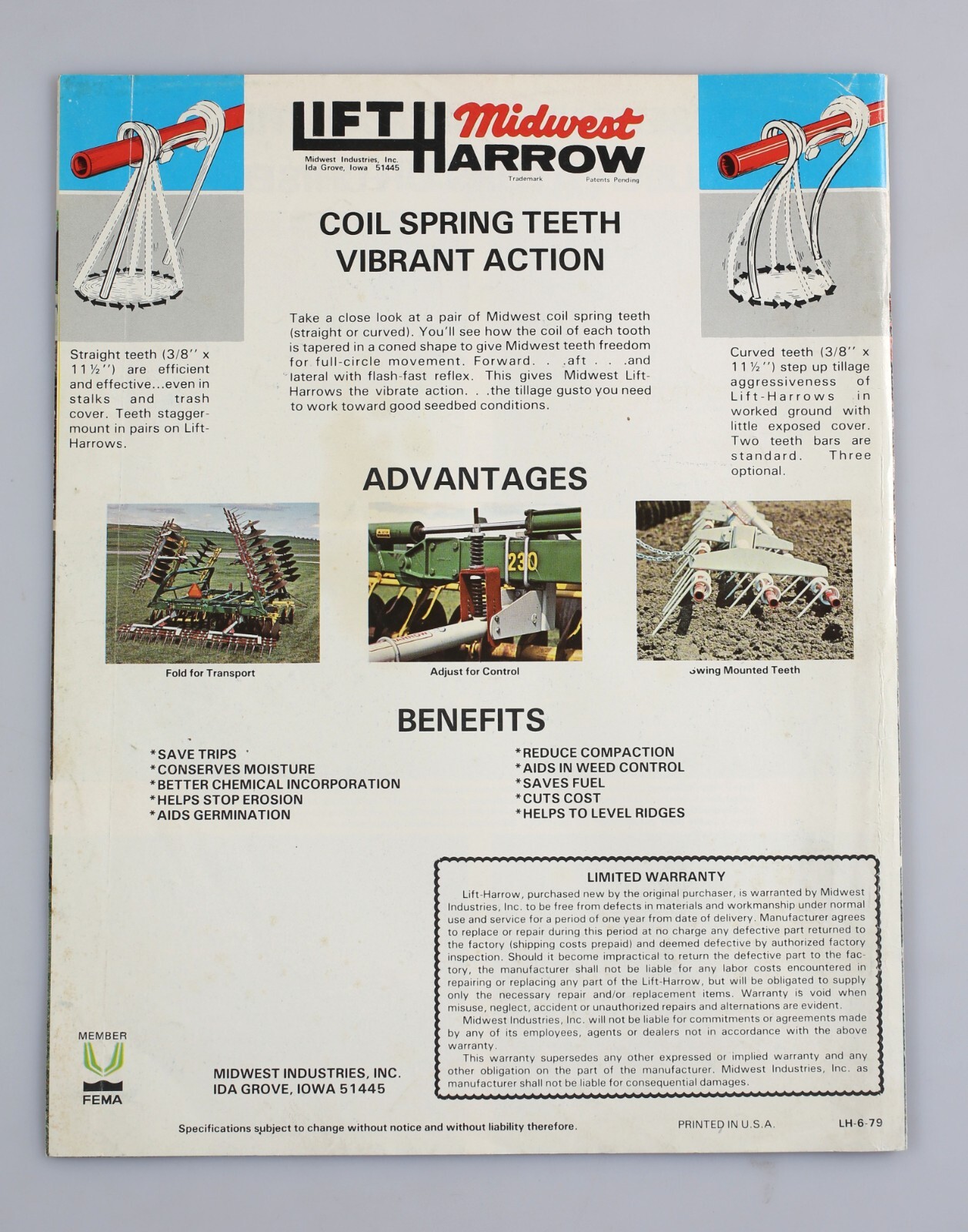 Vintage 1979 Midwest Lift Harrow Coil Spring Teeth Brochure Ida Grove Iowa