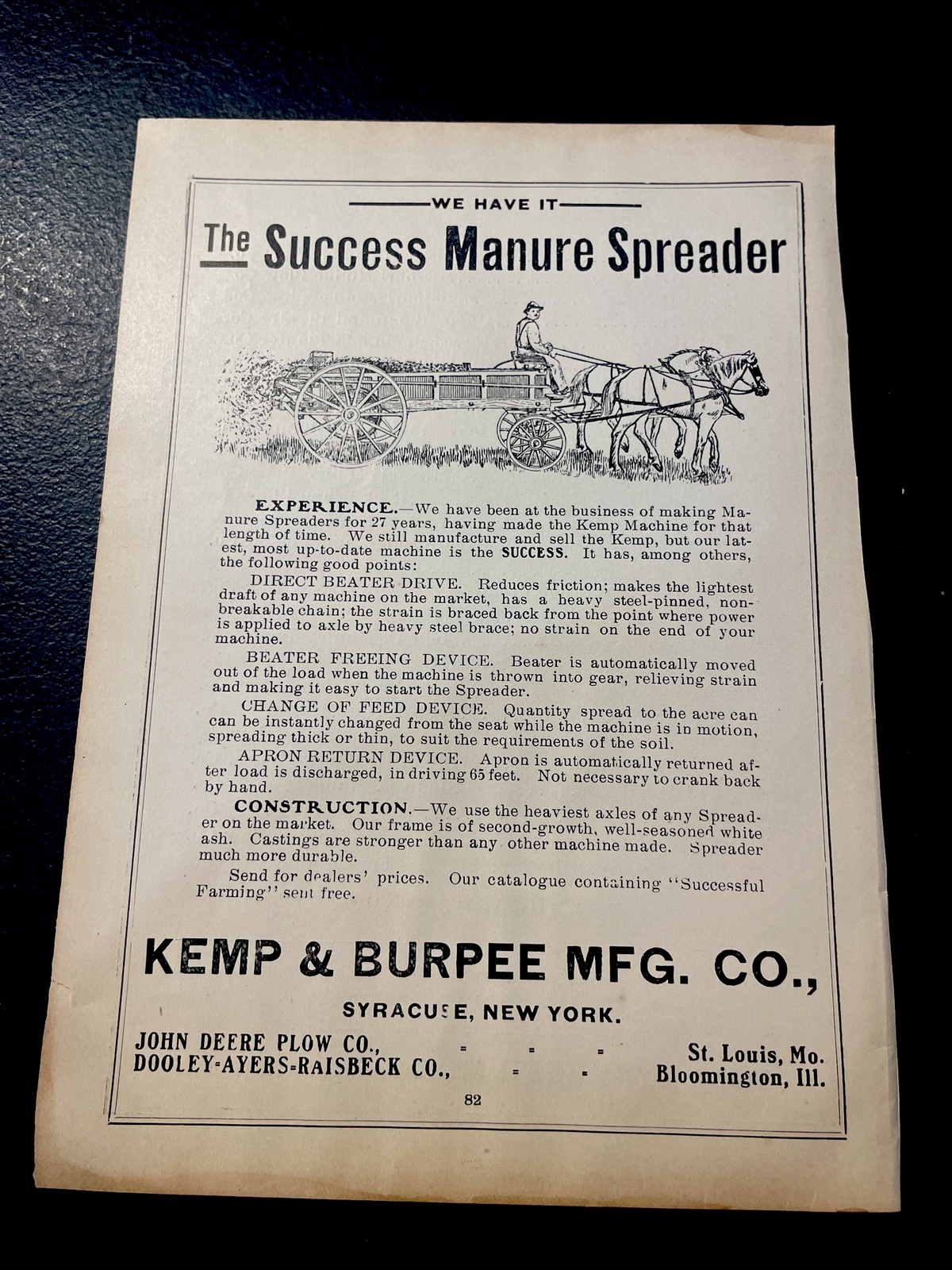 ORIGINAL 1907 Success Manure Spreader Farm Advertising – Syracuse, NY