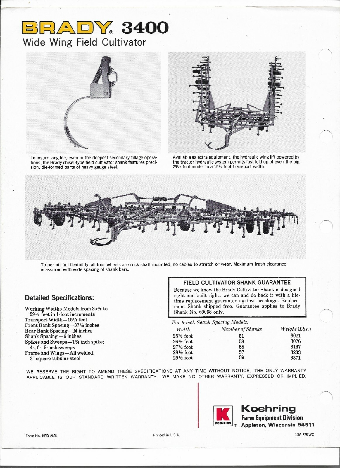 Original OEM Brady Koehring 3400 Wide Wing Field Cultivator Spec Sheet Brochure