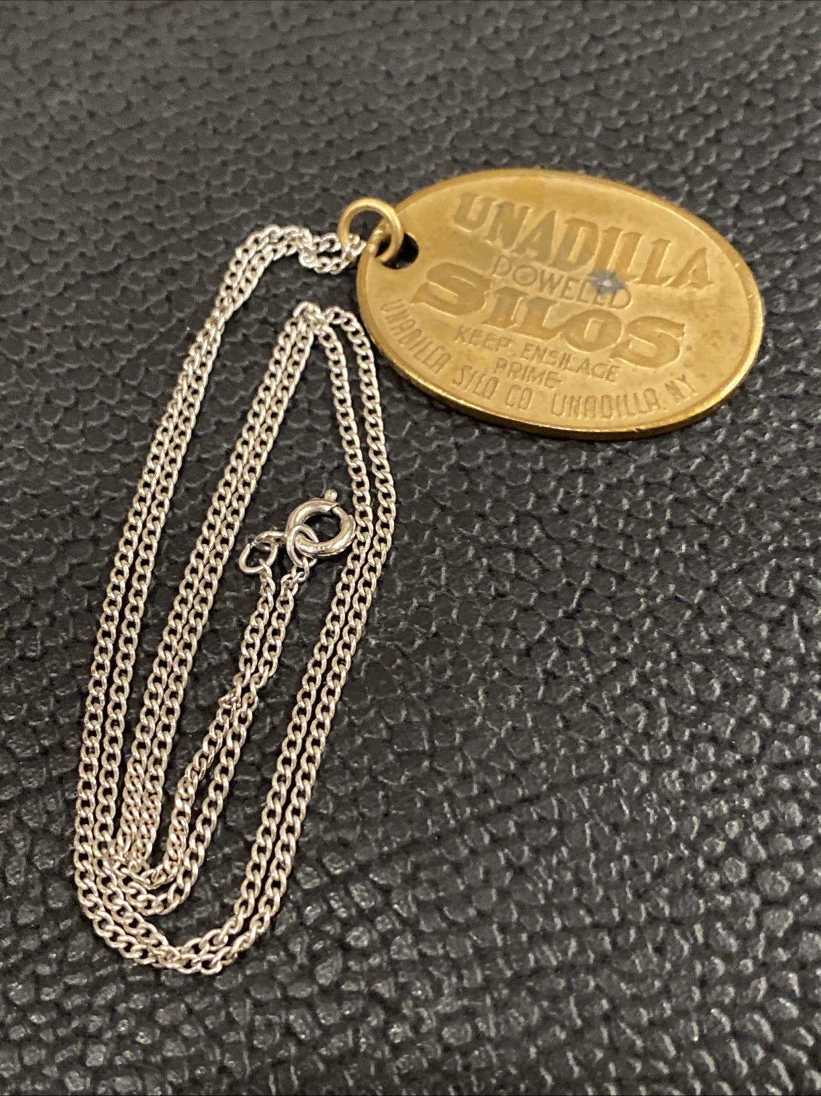 1906 ANTIQUE UNADILLA SILOS NY FARM ADVERTISING PENDANT KEYCHAIN CHARM FOB TAG