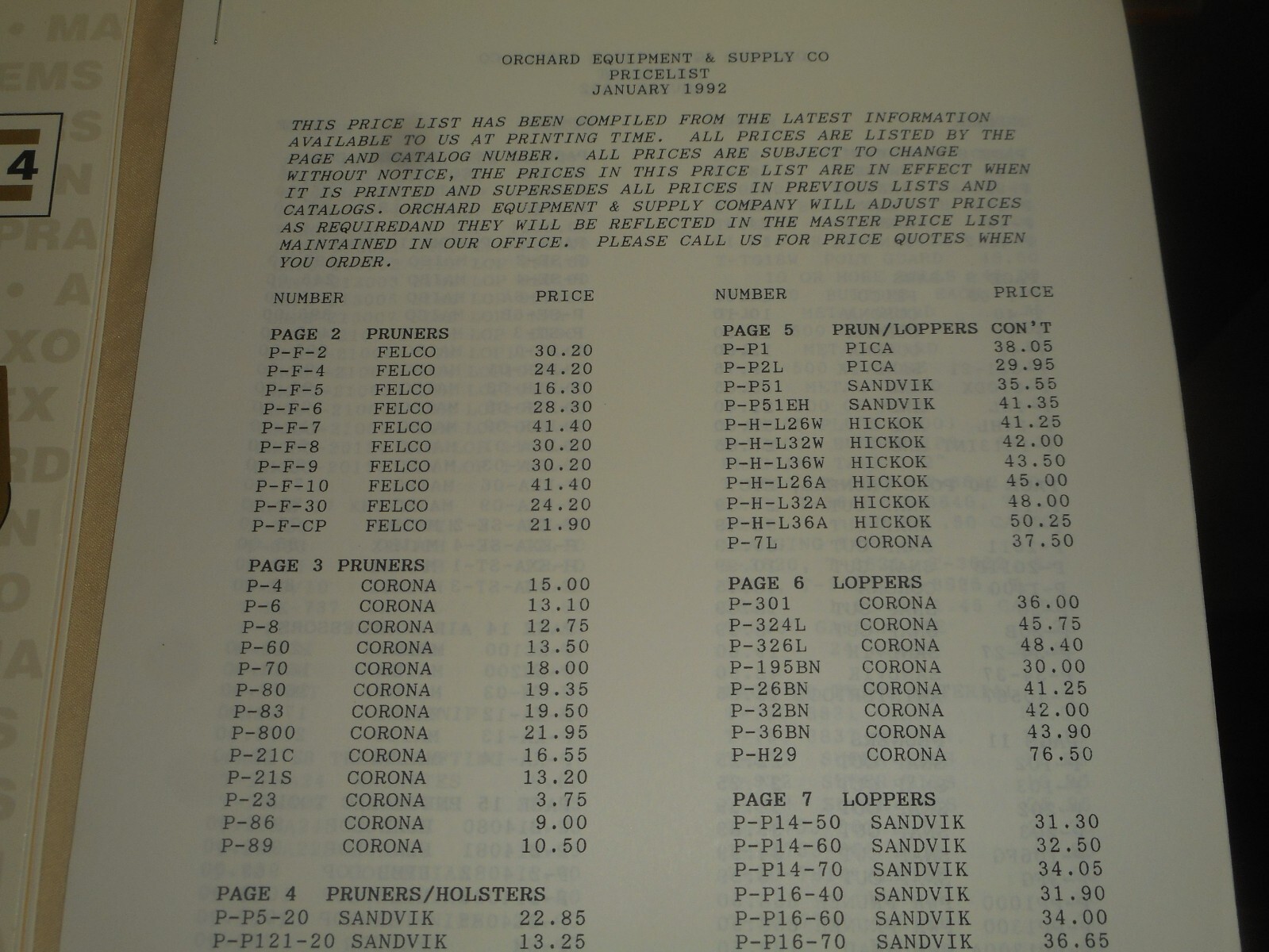 ORCHARD Equipment & Supply Co. 1992 MASTER CATALOG #4 & Rate Sheet APPLE FARMING