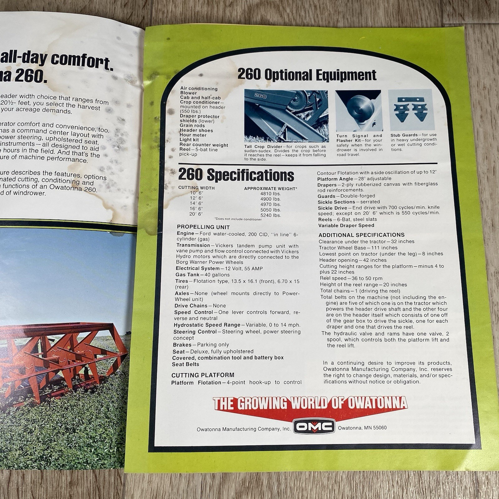 Owatonna Sales Brochure 260 Hydrostatic Draper Windrower Dealership