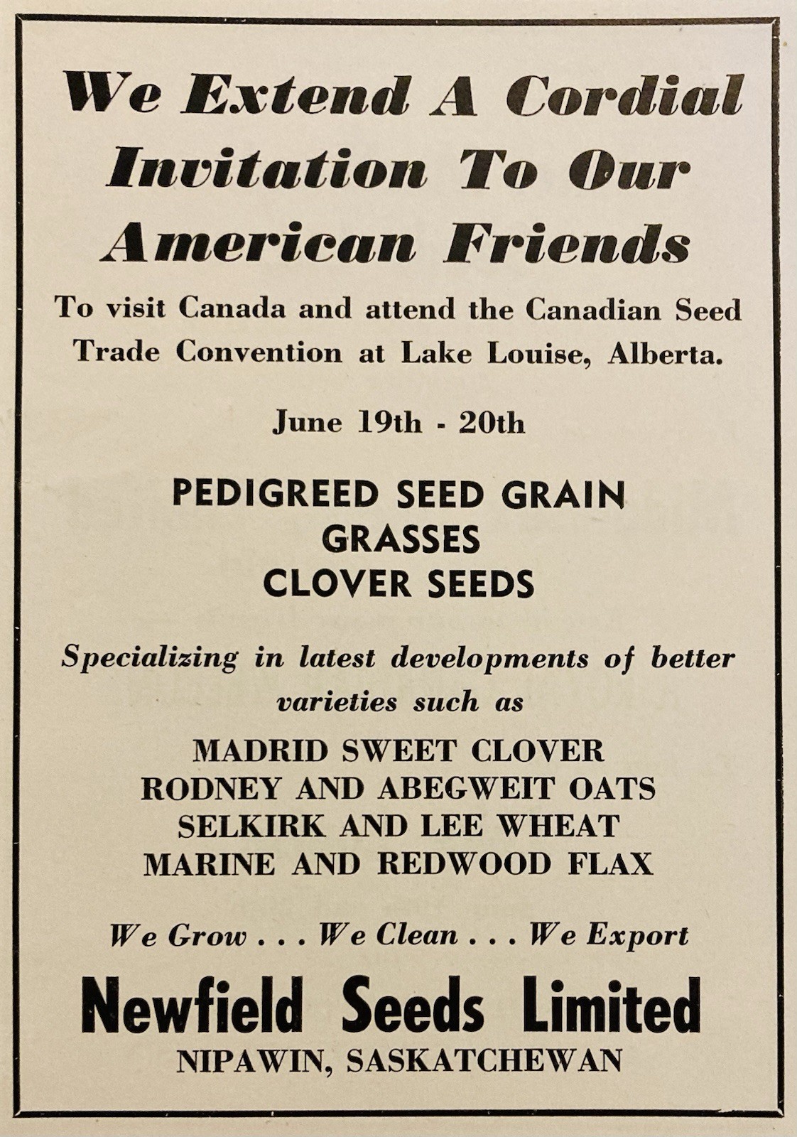 1954 AD.(XH85)~NEWFIELD SEEDS LTD. NIPAWIN, SASKATCHEWAN, CANADA. SEEDS