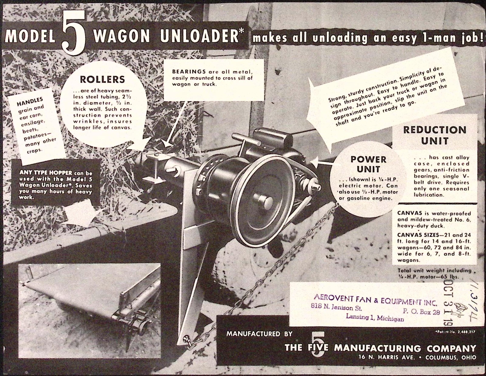 1950s Model 5 Wagon Unloader Brochure The Five Manufacturing Co Columbus OH