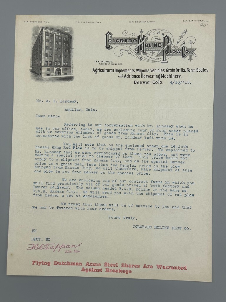 1915 COLORADO MOLINE PLOW Co FARM Advertising ADRIANCE HARVESTING MACHINE Letter