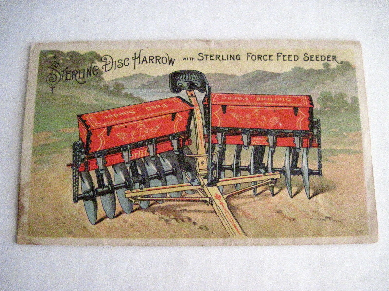 Victorian Trade Card for « Sterling Mfg Co » w Colored Pictures of Plowing Equip *