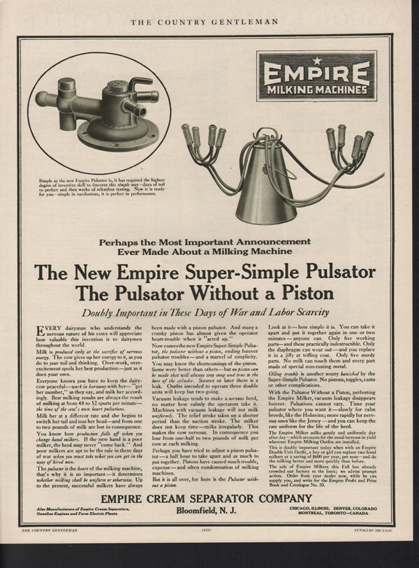 1918 EMPIRE CREAM SEPERATOR MILKING MACHINE BLOOMFIELD COW PULSATOR AD 16968