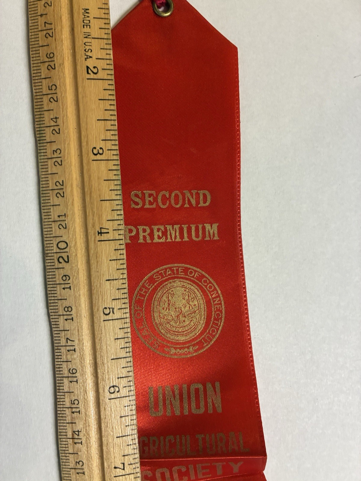 VINTAGE UNION AGRICULTURAL SOCIETY SECOND PREMIUM RIBBON – CONNECTICUT