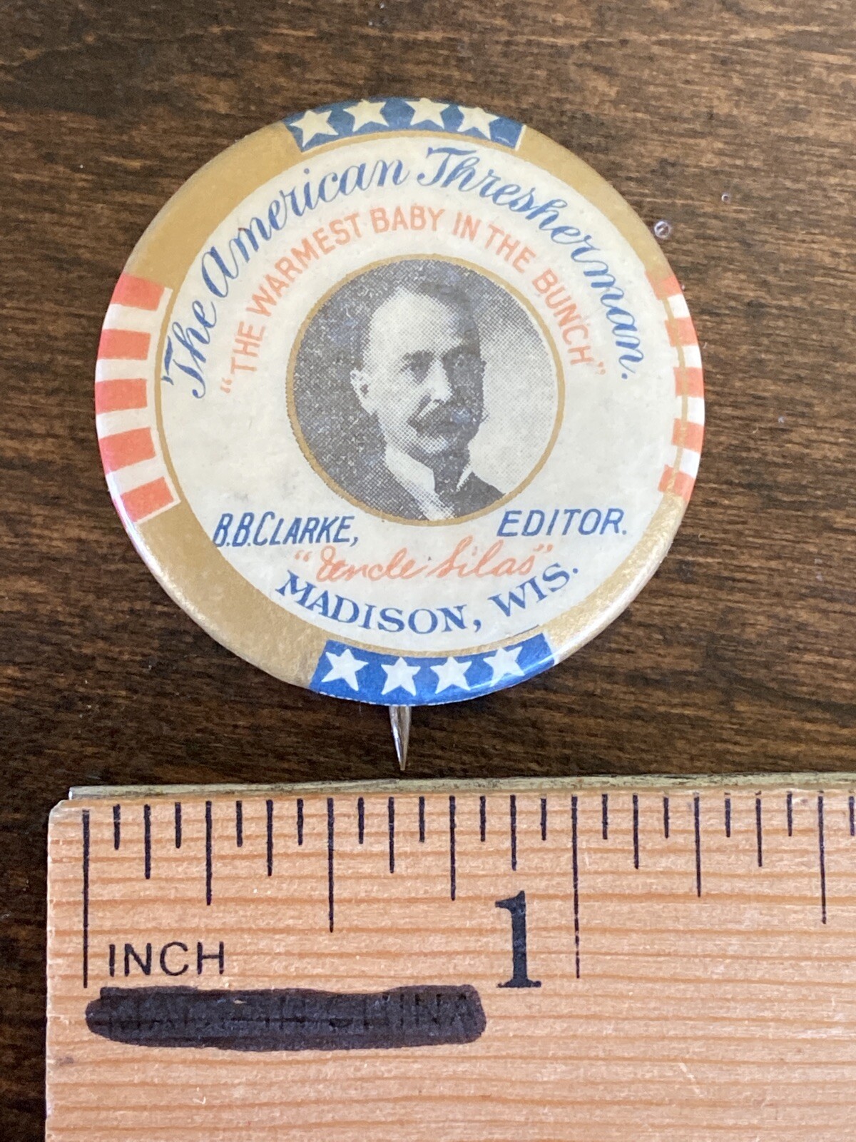 Antique The American Thresherman Magazine Ad Pinback Button Madison WI Farm Ag
