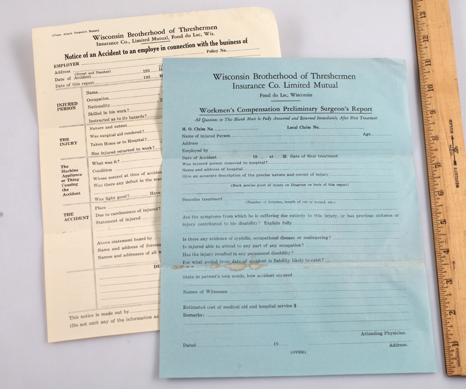 Vintage 1930s Wisconsin Brotherhood of Threshermen Insurance Forms Fond du Lac
