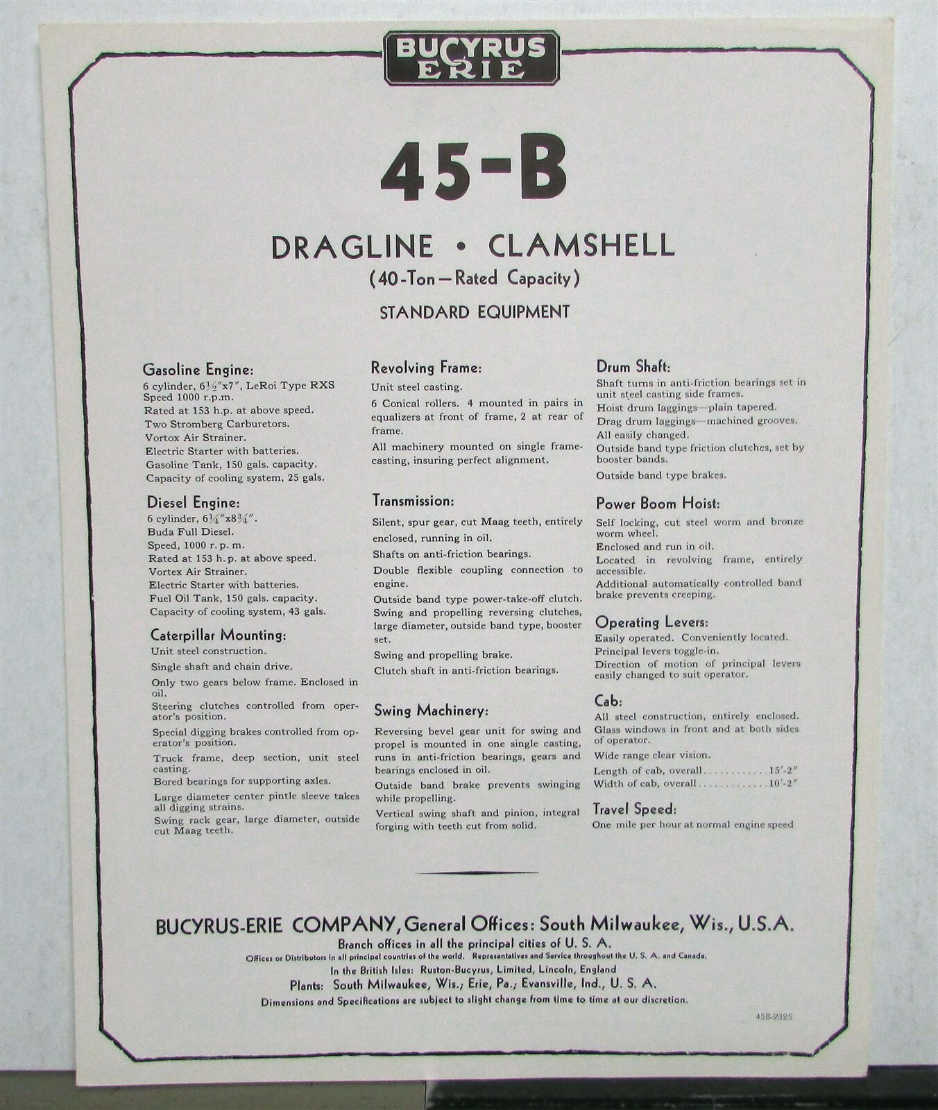 1932 Bucyrus 45B Dragline Clamshell Specifications Construction Sales Folder