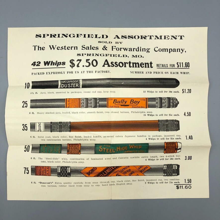 c 1900 HORSE WHIP Bully Boy FARM Advertising SPRINGFIELD MO Western Sales Flyer