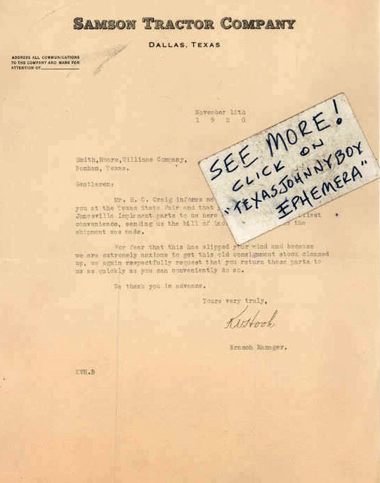 1920 K. V. Hook SAMSON TRACTOR Dallas Texas FARM MACHINERY signed letterhead
