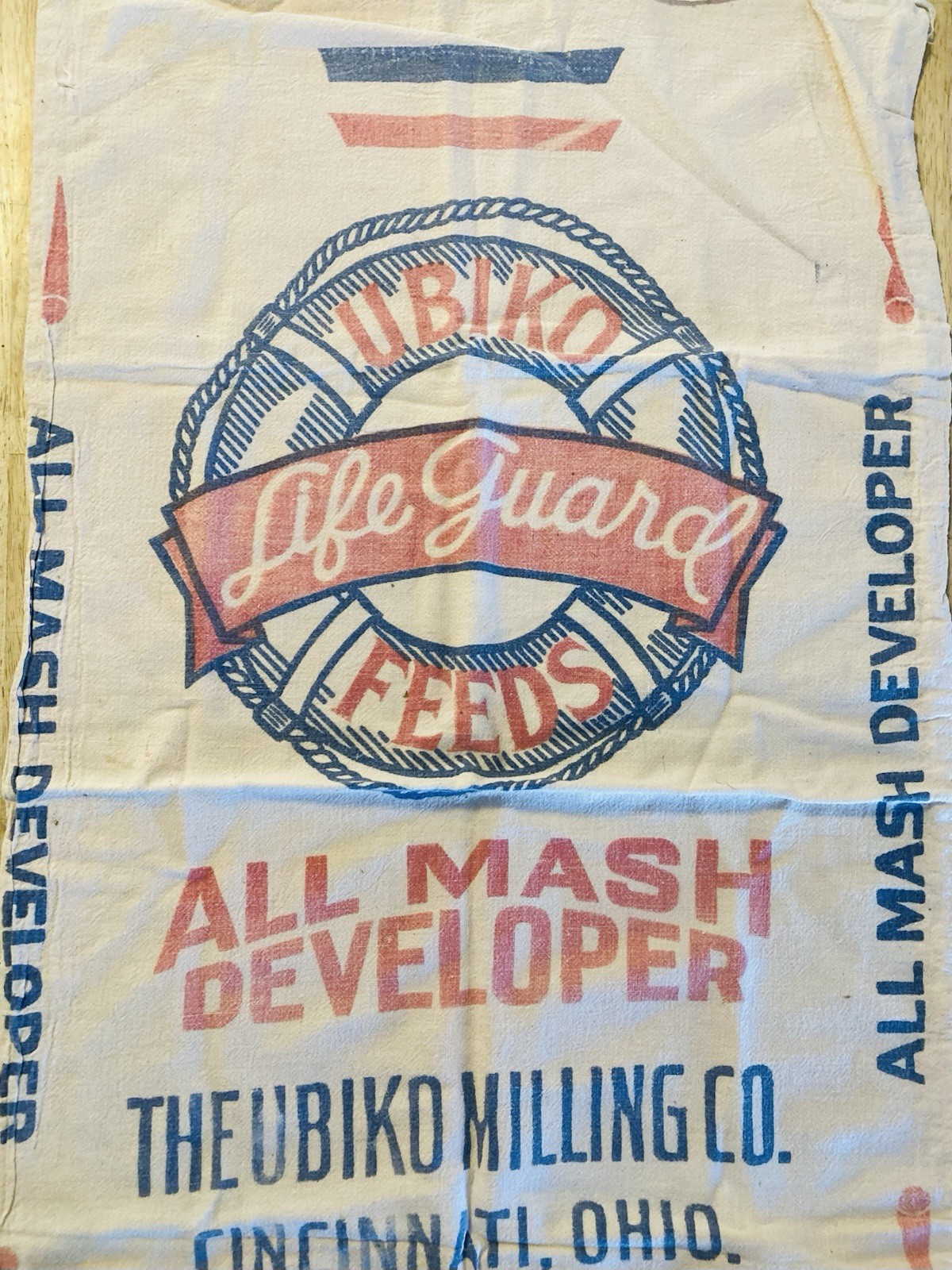 UBIKO MILLING CO. CINCINNATI, OHIO. 100LB. “LIFE GUARD” CLOTH MASH FEED BAG