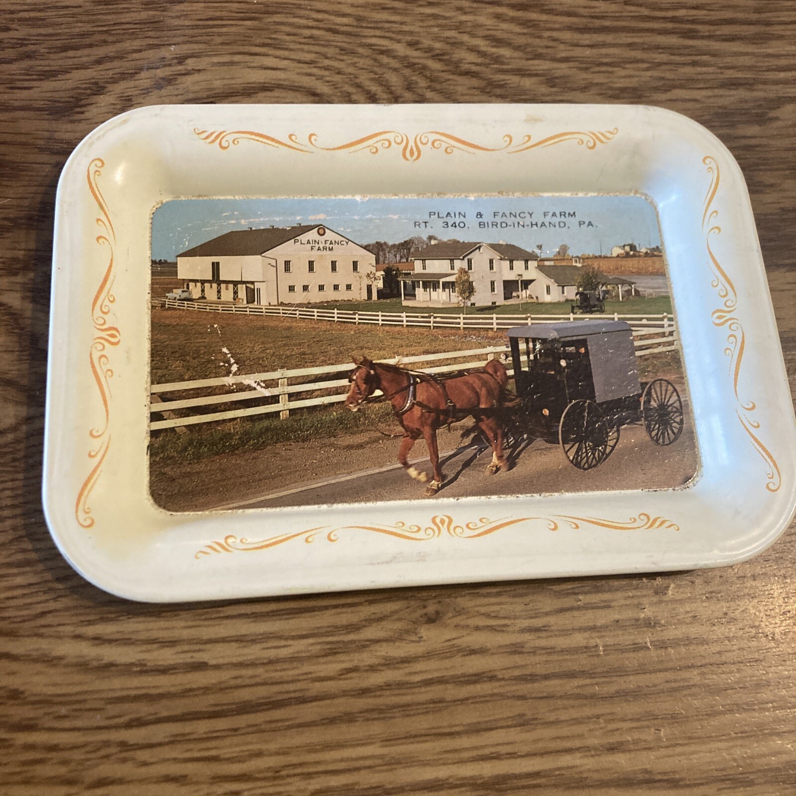 Vintage Metal Trinket tray Plain & Fancy Farm Rt 340 Bird In Hand PA