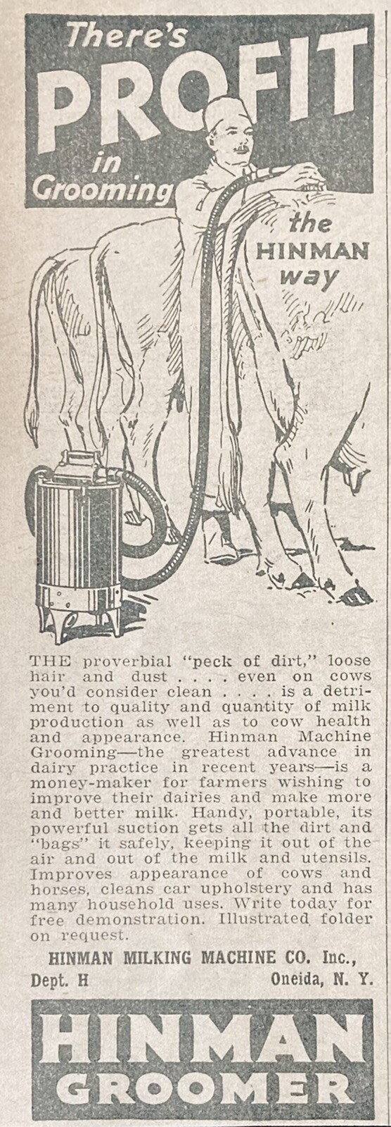 1931 AD(XH35)~HINMAN MILKING MACHINE CO. ONEIDA, NY. HINMAN CATTLE GROOMERS