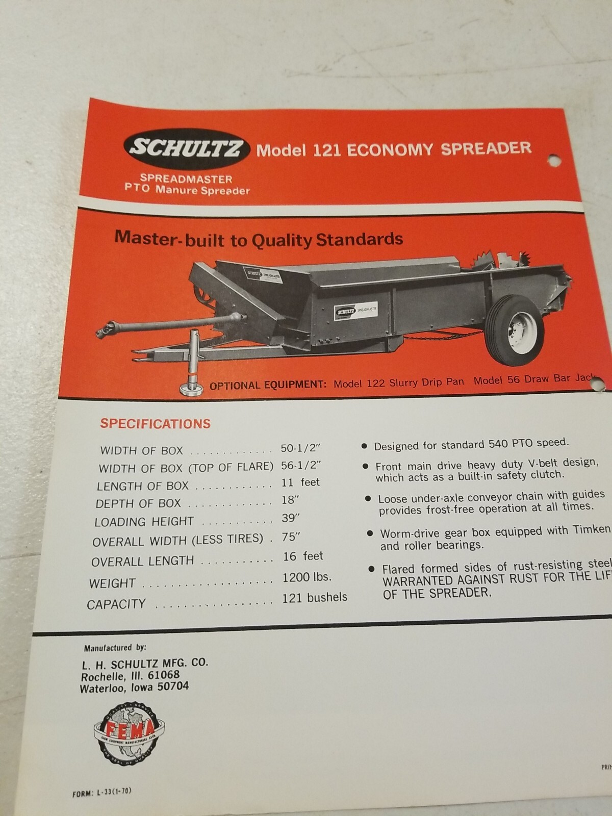 Vintage 1970 L.H. SCHULTZ Mfg Co GENERAL MANURE SPREADER Model 121 Spec Sheet