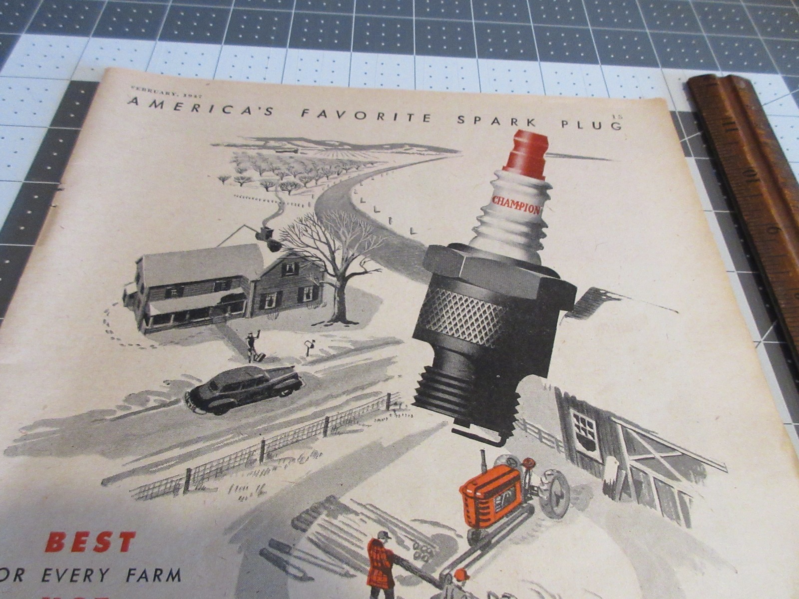 1947 Champion Spark Plugs Keep Farm Engines Humming Vintage Print Ad