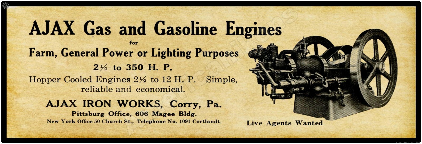 Ajax Iron Works Gas Engines New Metal Sign, 16&Prime; x 48&Prime; USA STEEL XL Size – 8 lbs