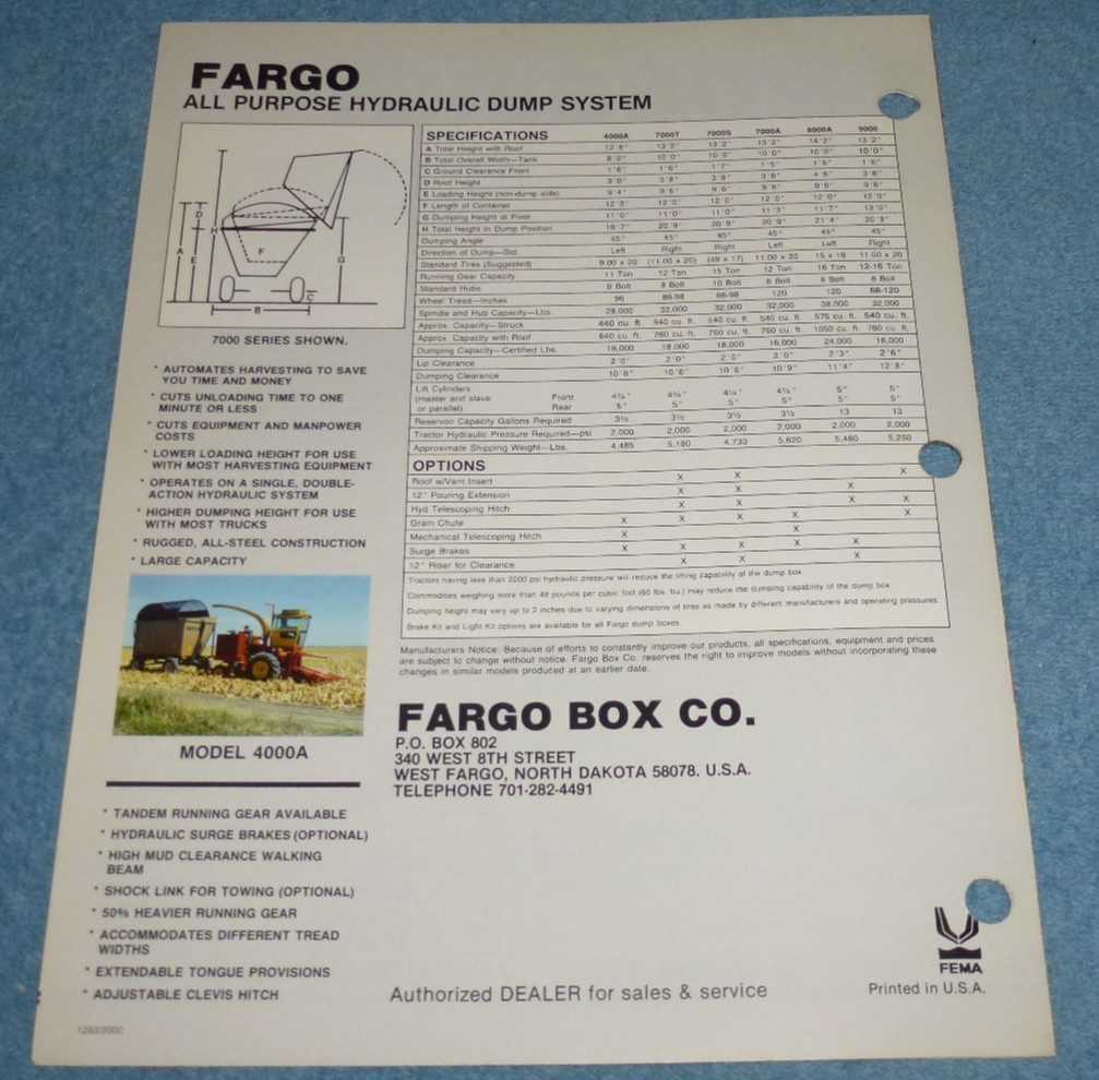 Vintage Fargo Box Co Hydraulic Dump Box Farm Equipment Brochure Specs Sheet