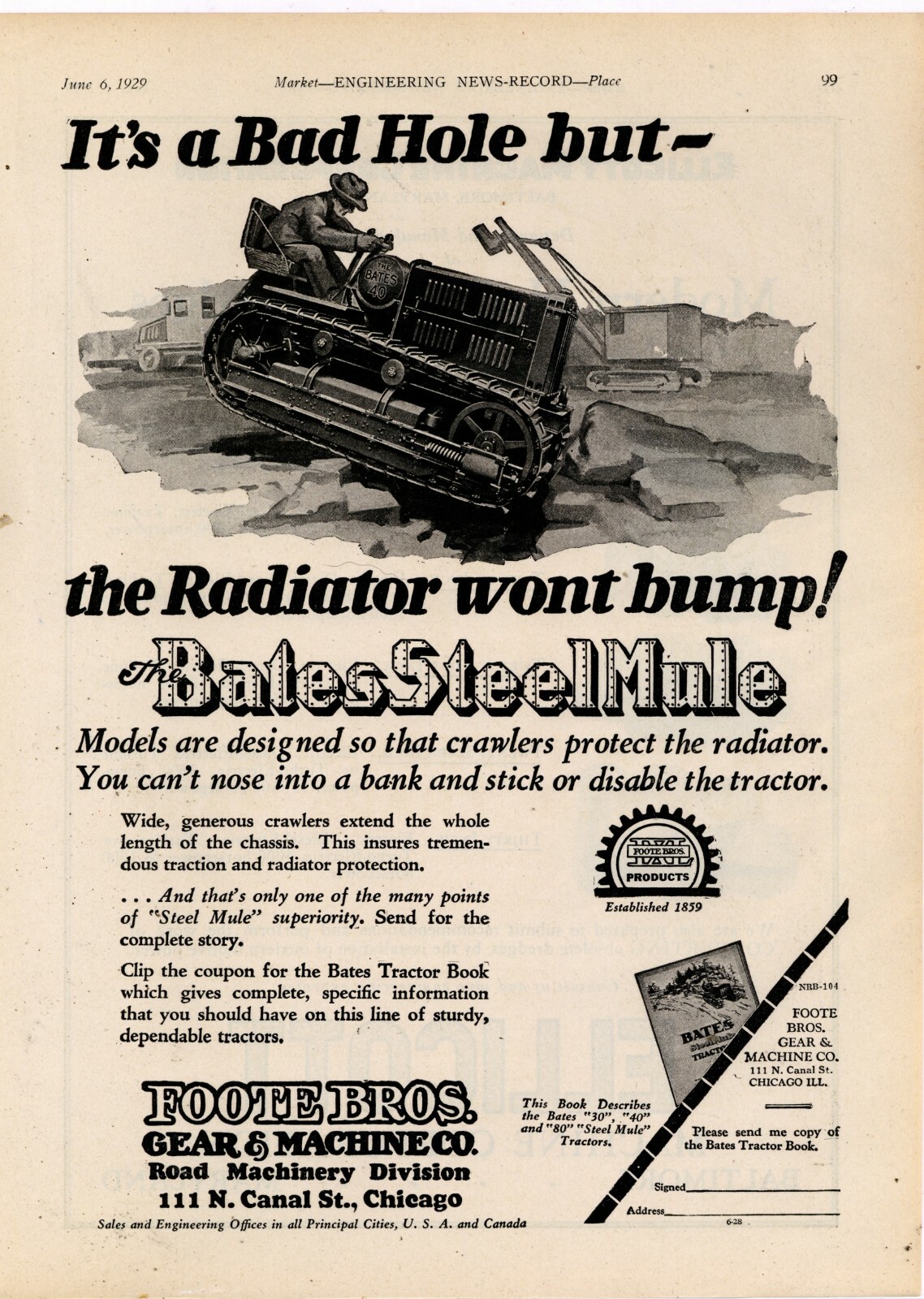 1929 Foote Brothers Gear & Machine Co. Ad: Bates Steel Mule Tractor – Chicago IL