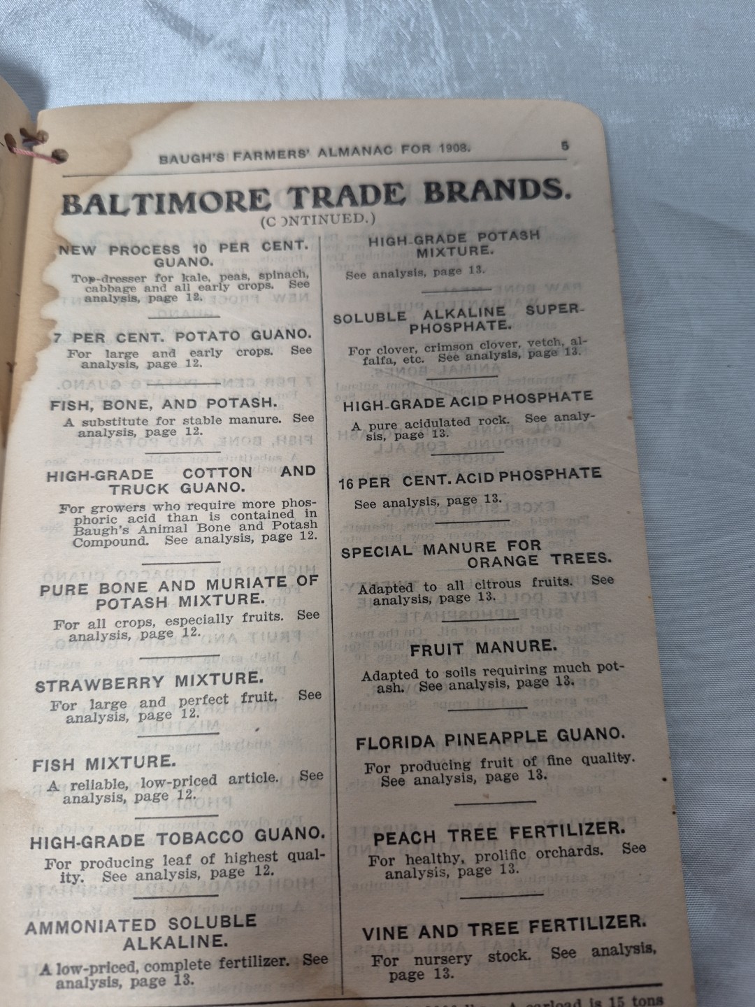 1908 Farmers Almanac Baugh Sons Co Fertilizers Agriculture Water Damage