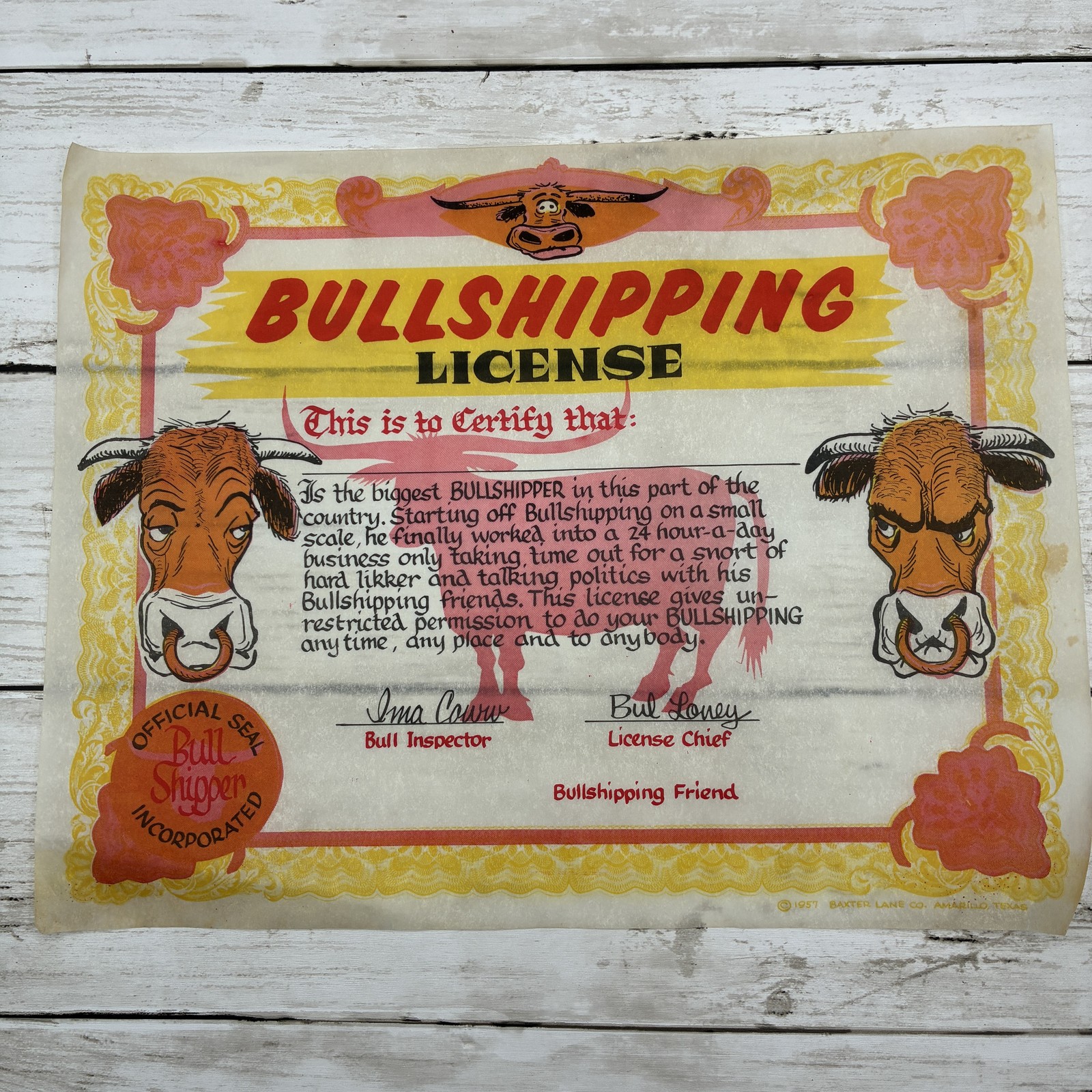 Vintage 1957 Bullshipping License Novelty Gag Gift Baxter Lane Co. Amarillo TX