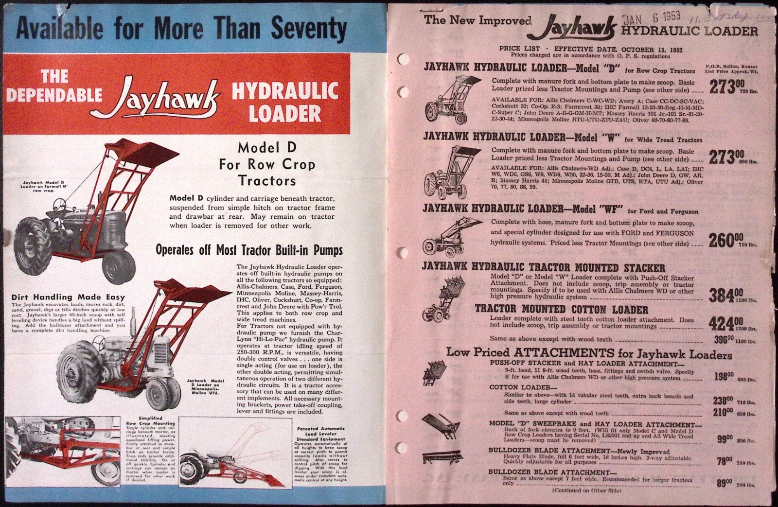1953 Jayhawk Hydraulic Loader Brochure Wyatt Manufacturing Co Inc Salina KS