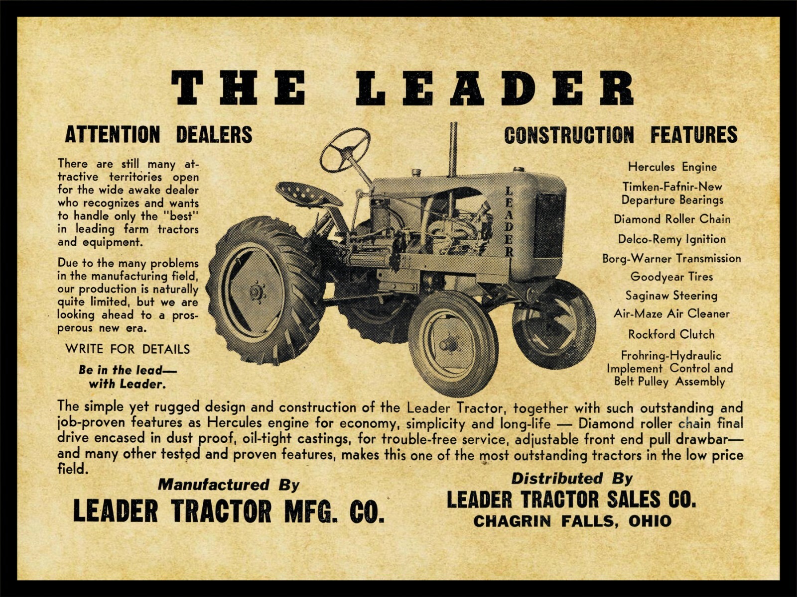 1946 Leader Tractors NEW Metal Sign 24&Prime;x30&Prime; USA STEEL XL Size 7 lbs.