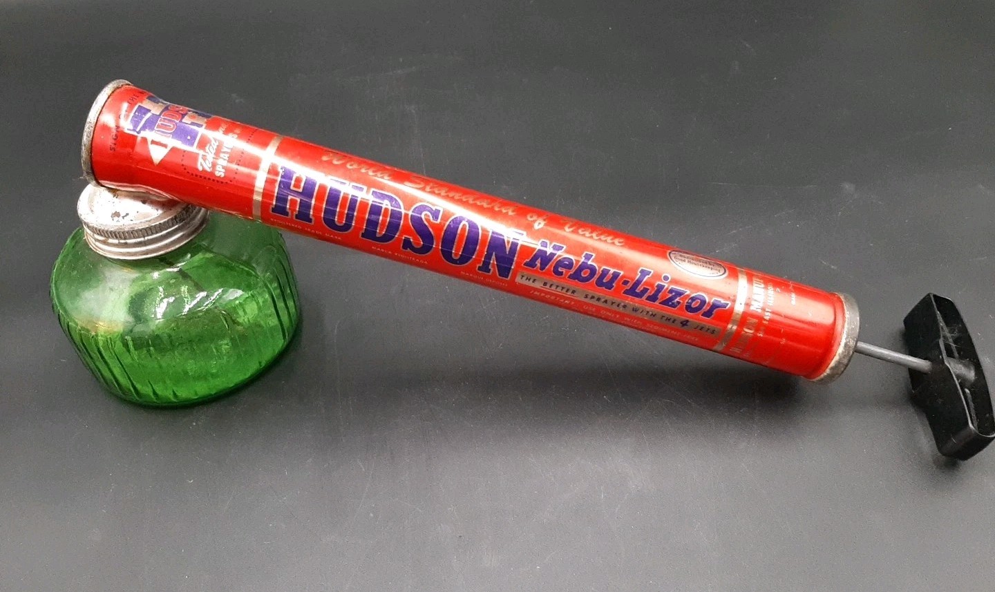 Vintage Hudson Pump Duster Bug Sprayer Green Glass Bottle Jar Metal Wood Fogger