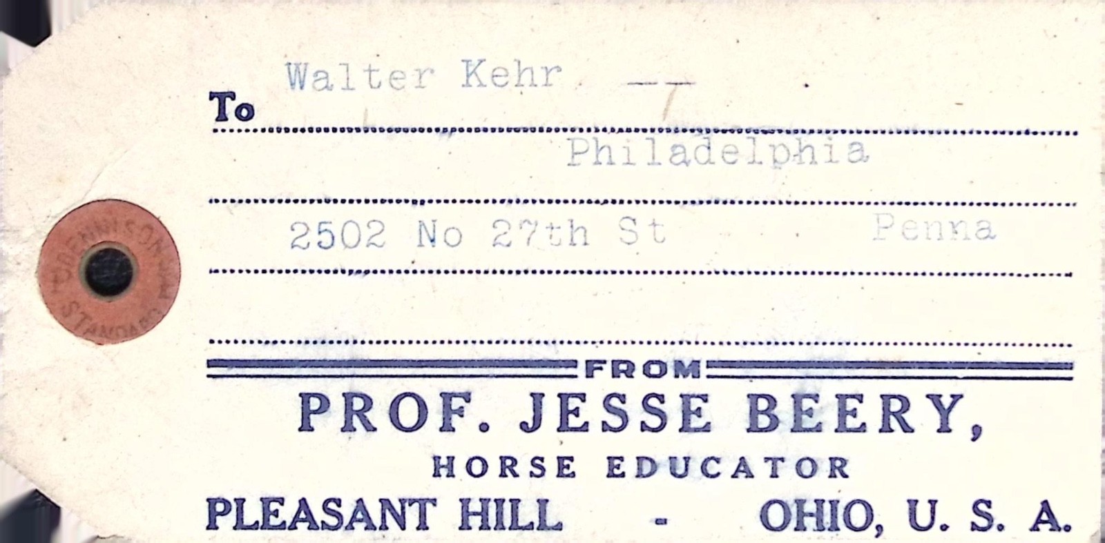 Vintage Prof Jesse Beery Horse Educator Dennison Shipping Tag Pleasant Hill OH