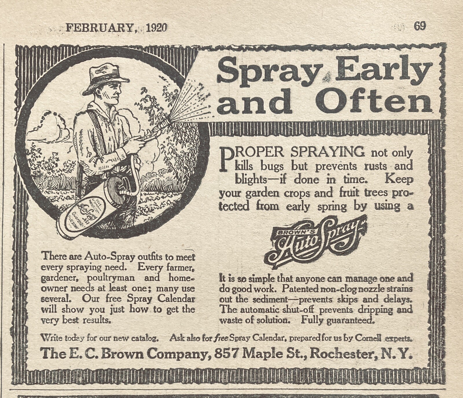 1920 AD.(XF11)~E.C. BROWN CO. ROCHESTER, NY. BROWN’S AUTO ORCHARD SPRAYER