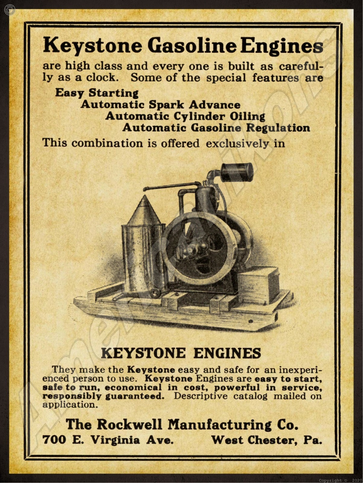 1912 Rockwell Keystone Gas Engines NEW Metal Sign 24&Prime;x30&Prime; USA STEEL XL Size 7 lb